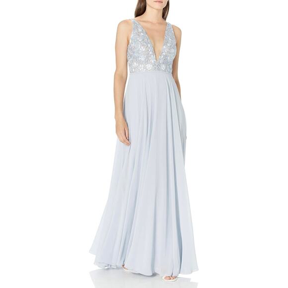 Jenny Yoo Kinsley Maxi Dress Gown Women's 8 Whisper Blue Chiffon Lace Fairy - Picture 1 of 13